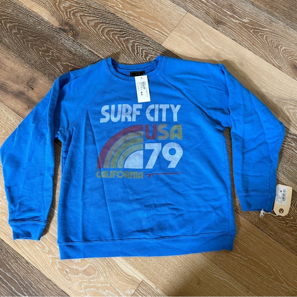 Evereve Retro Brand Blue Surf City USA 79 Sweatshirt Vintage Royal Blue M NWT